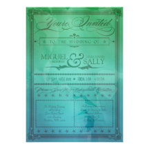 Verde de mar do vintage & convite azul do casament
