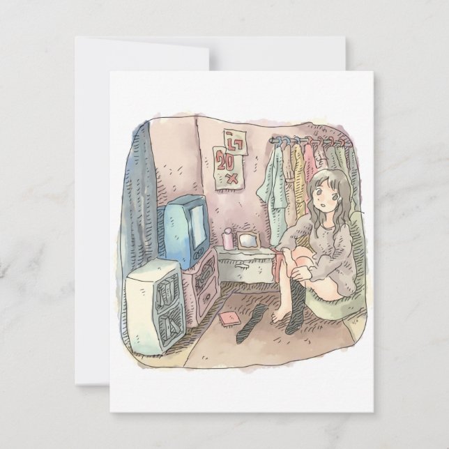 さやしくじ　衣類のかけてある部屋の座椅子に座ってテレビを見ながら靴下をはいている女性のイラスト (Frente)