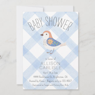 003 Convite de Chá de Bebê Cobalt Cute Floral Bird