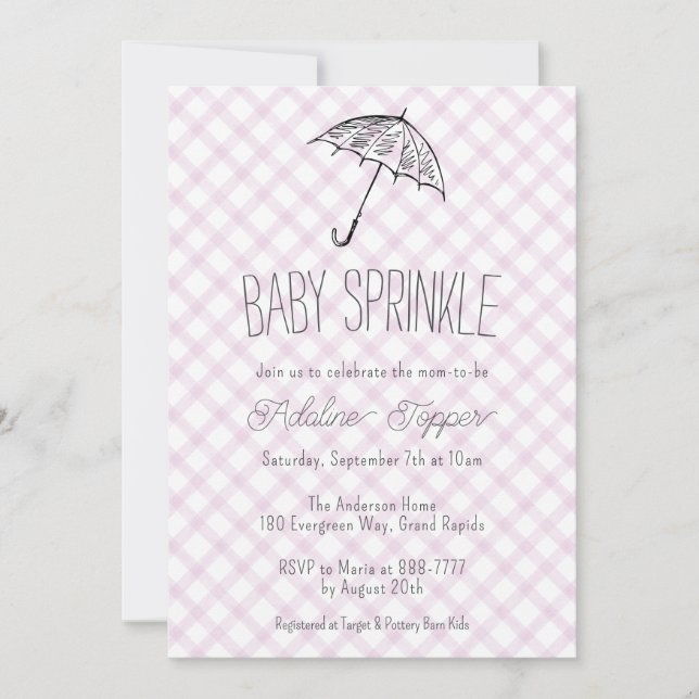 006 Convite de Chá de Bebê Gingham Guarda-Chuva Mo (Frente)
