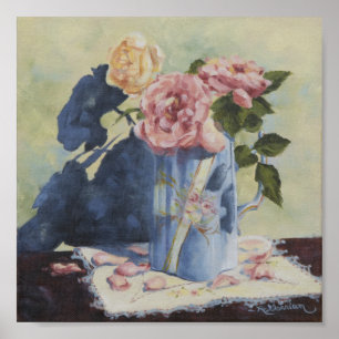 0476 Rosas ingleses no Impressão Blue Pitcher Art
