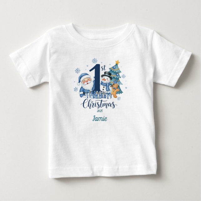1ª camiseta de Natal Azul Personalizar (Frente)