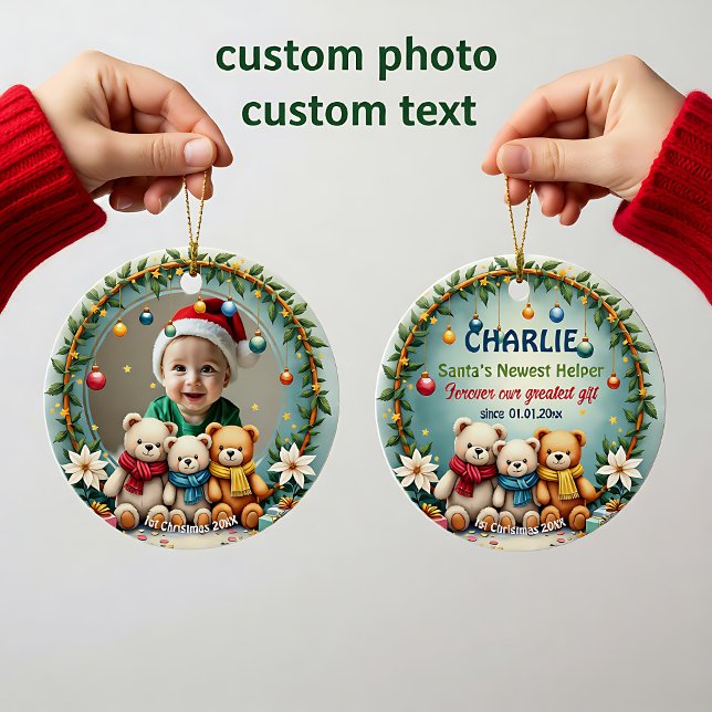 1º Natal 2 lados, Abraços de Urso & Enfeites (1st Christmas 2 sided, Bear Hugs & Baubles Ceramic Ornament)
