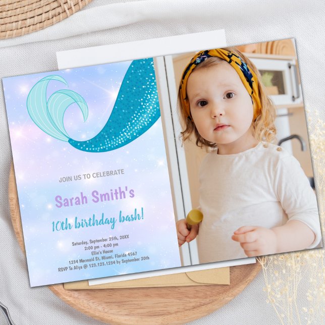 10ª Sereia Convites de Aniversário com Foto (10th Mermaid birthday invitations with photo)