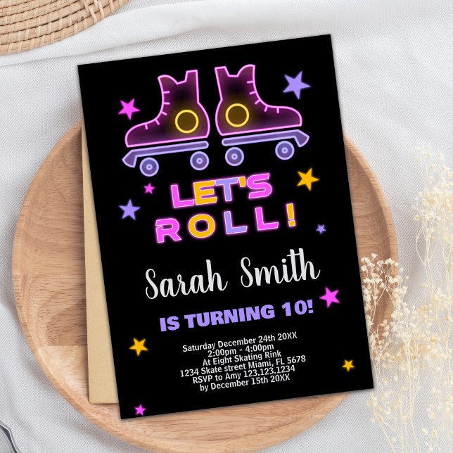 10º Convites de Aniversário, Púrpura, Rosa Neon, (10th Neon Pink Purple Skating Birthday Invitations)