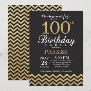 100º Aniversário Convite Preto e Dourado
