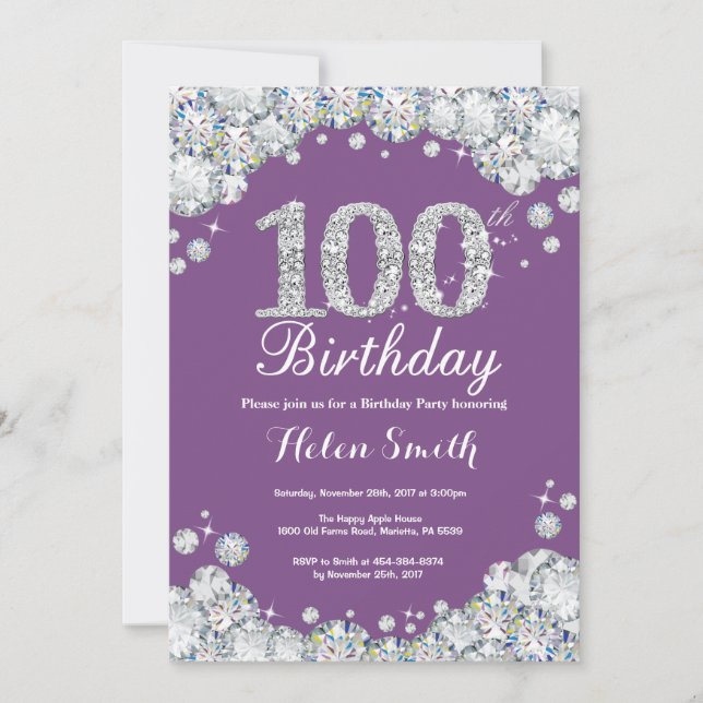 100º Aniversário Convite Purple Silver Diamond (Frente)