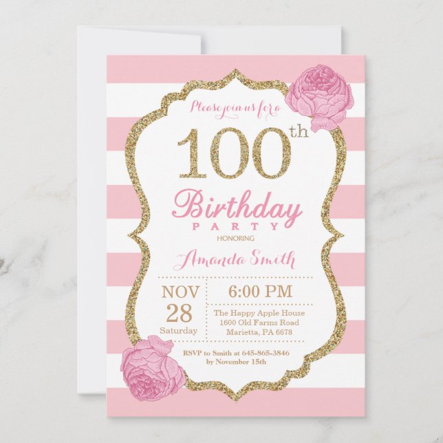 100º Aniversário Convite Rosa e Dourado (Frente)
