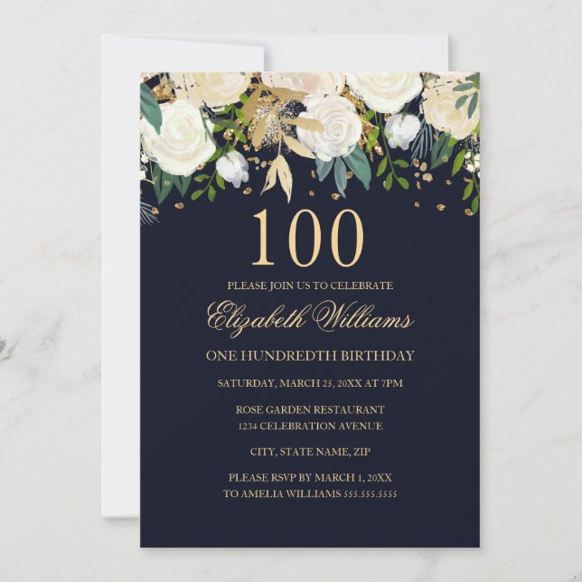 100º Aniversário do Convite Floral Dourado do Eleg (Frente)