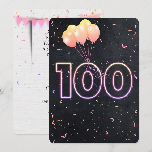 100º Aniversário do Neon em Convite Preto (Frente/Verso)