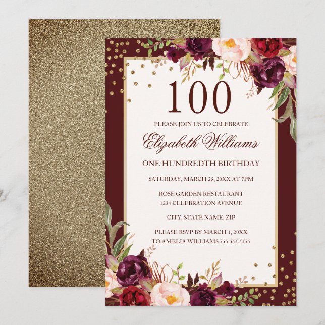 100º Aniversário Dourado Burgundy Convite Floral (Frente/Verso)