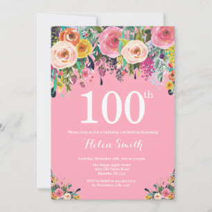 100º Convite de Aniversário, Cor-de-Rosa Floral