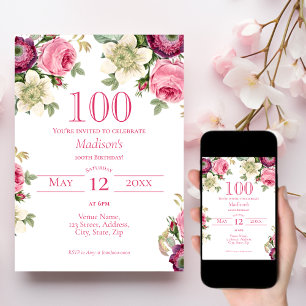 100º Convite de Aniversário, Cor-de-Rosa Floral