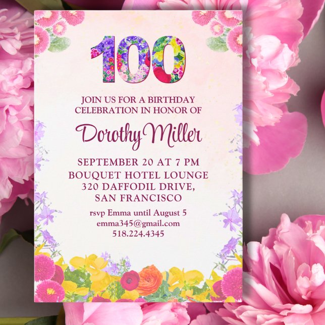 100º Convite de Aniversário Floral - Elegante 100 (Criador carregado)
