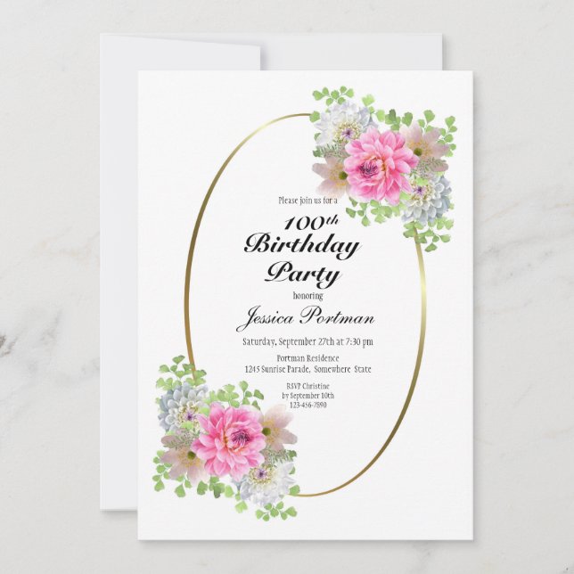 100º Convite de festas rosa-Dourado de aniversário (Frente)