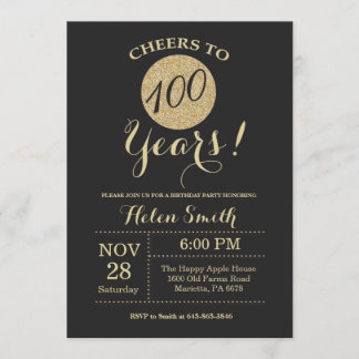 100.º Aniversário Convite Preto e Dourado