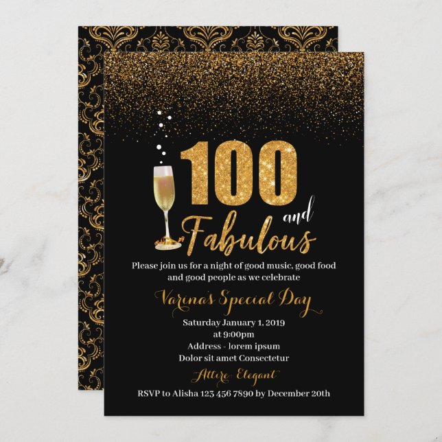 100 e Fabuloso Convite de Aniversário para Mulhere (Frente/Verso)