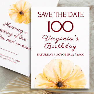 100th Birthday Yellow Flower, Modern Save the Date