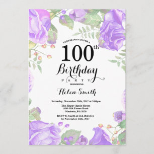 100th convite floral roxo botânico do aniversári