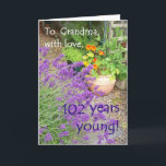 102nd Cartão de aniversário para a avó - flores<br><div class="desc">Um 102nd cartão de aniversário para uma avó,  com uma foto de um jardim com lavanda e chagas por Judy Adamson. Sinta por favor livre personalizar o texto interno e se você gostaria de uma mudança ao texto da capa,  apenas contacte-me através de minha loja.</div>
