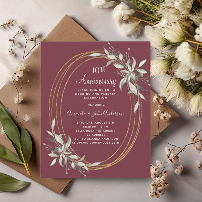 10.º aniversário de casamento convite de burgundy (Criador carregado)