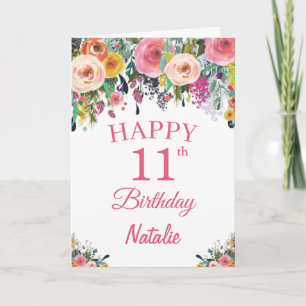 11 Birthday Watercolor Floral Flowers Cartão Rosa