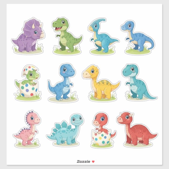 12 Adesivos de Vinil de Dinossauro Colorido Fofo (Folha)