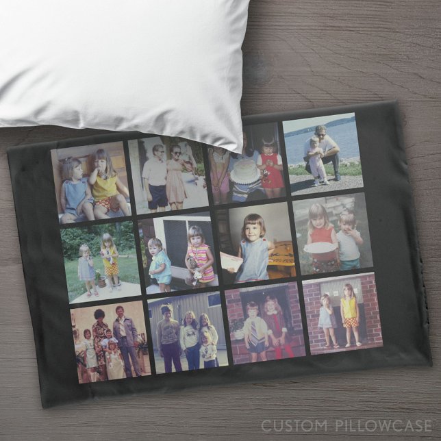 12 Colagem de Fotos com Texto em Trás - Preto (Custom Pillowcase)