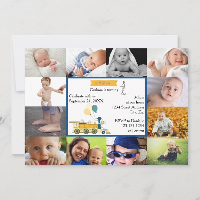 12 Fotos Aniversário Azul - Convite Aniversário (Frente)