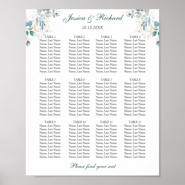 12 Sinal de Poster de Gráfico de Assento do Mesa (Frente)