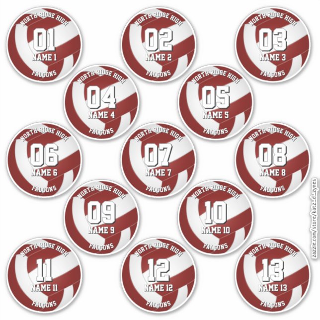 13 adesivos de volei grená um para cada atleta (Frente)