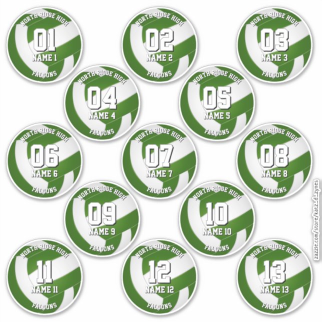 13 adesivos de voleibol verde, um para cada atleta (Frente)