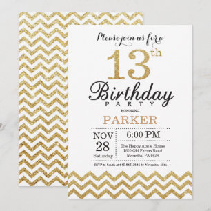 13 Aniversário Convite Dourado Glitter
