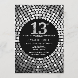 13 Aniversário Convite Preto e Silver Glitter