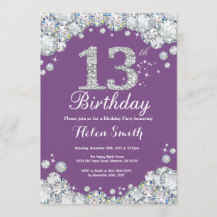 13 Aniversário Convite Roxo e Diamante Prateado