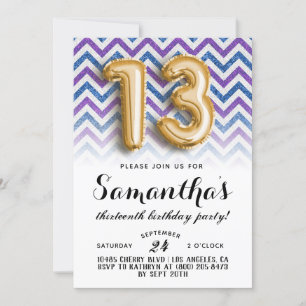 13 Birthday Chevron Stripes Glitter Convite