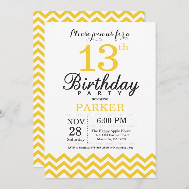 13 Birthday Convite Amarelo Chevron (Frente/Verso)