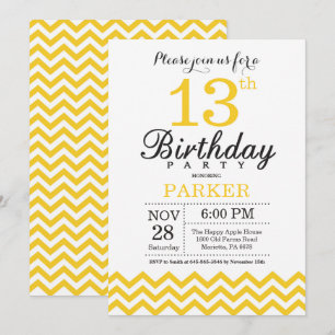 13 Birthday Convite Amarelo Chevron
