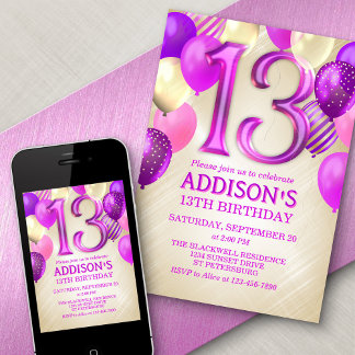13 Birthday Pink Balloons Convite