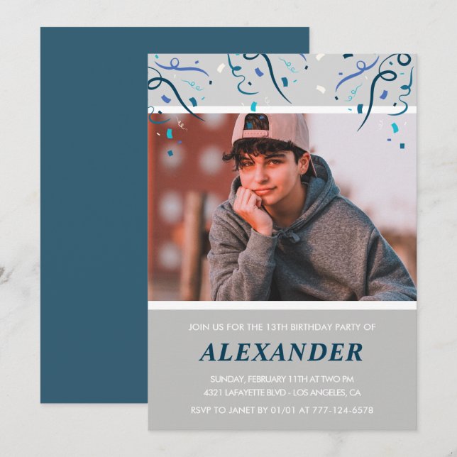 13 de convites Confetti Photo Blue (Frente/Verso)