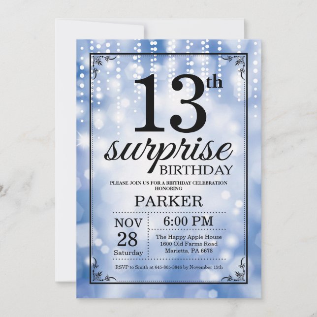 13 de Surpresa - Glitter Azul de Convite de Aniver (Frente)