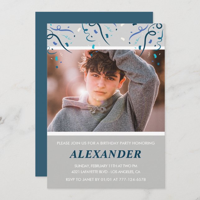 14 de aniversário convites Boy Confetti Marinho de (Frente/Verso)