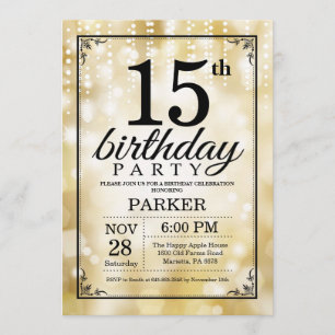 15 Aniversário Convite Dourado Glitter