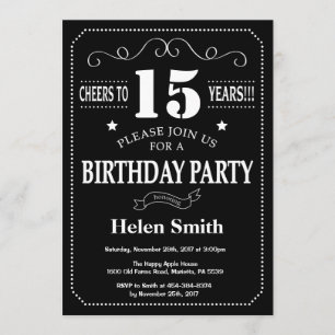 15 Aniversário Convite Preto Quadro Branco