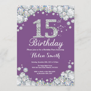 15 Aniversário do Convite Roxo e Diamante de Prat