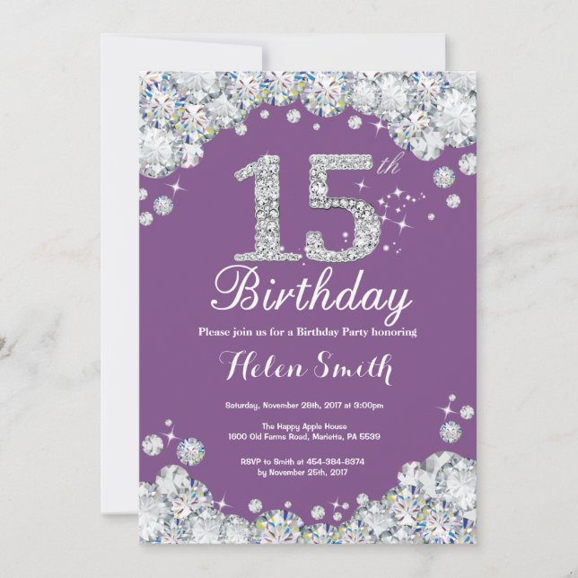 15 Aniversário do Convite Roxo e Diamante de Prata (Frente)