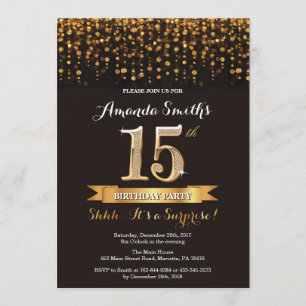 15 de Surpresa - Convite de Aniversário Preto e D