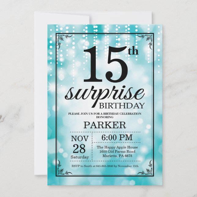15 de Surpresa - Glitter Teal de Convite de Aniver (Frente)