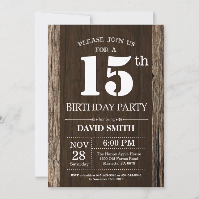 15a madeira rústica do vintage do convite do (Frente)