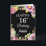 16º Aniversário - Flor Floral a Aquarela Cartão Pr<br><div class="desc">16º Cartão Preto de Flores Florais de Aniversário com nome e idade personalizados. Para mais personalização,  clique no botão "Personalizar" e use a ferramenta design para modificar este modelo.</div>